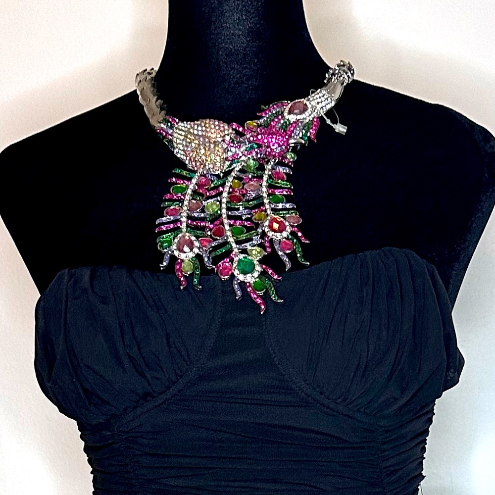 Handmade, Catskill, NY jeweler Peacock, necklace with rhinestones and crystals